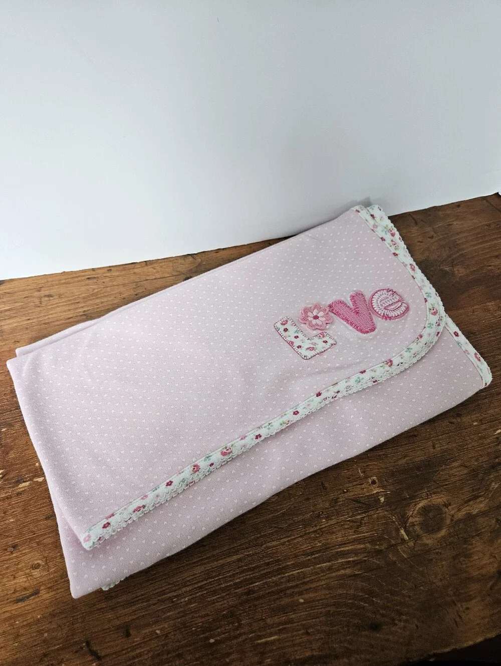 Vintage Carters Cotton Baby Blanket Love Applique Pink With Floral Back